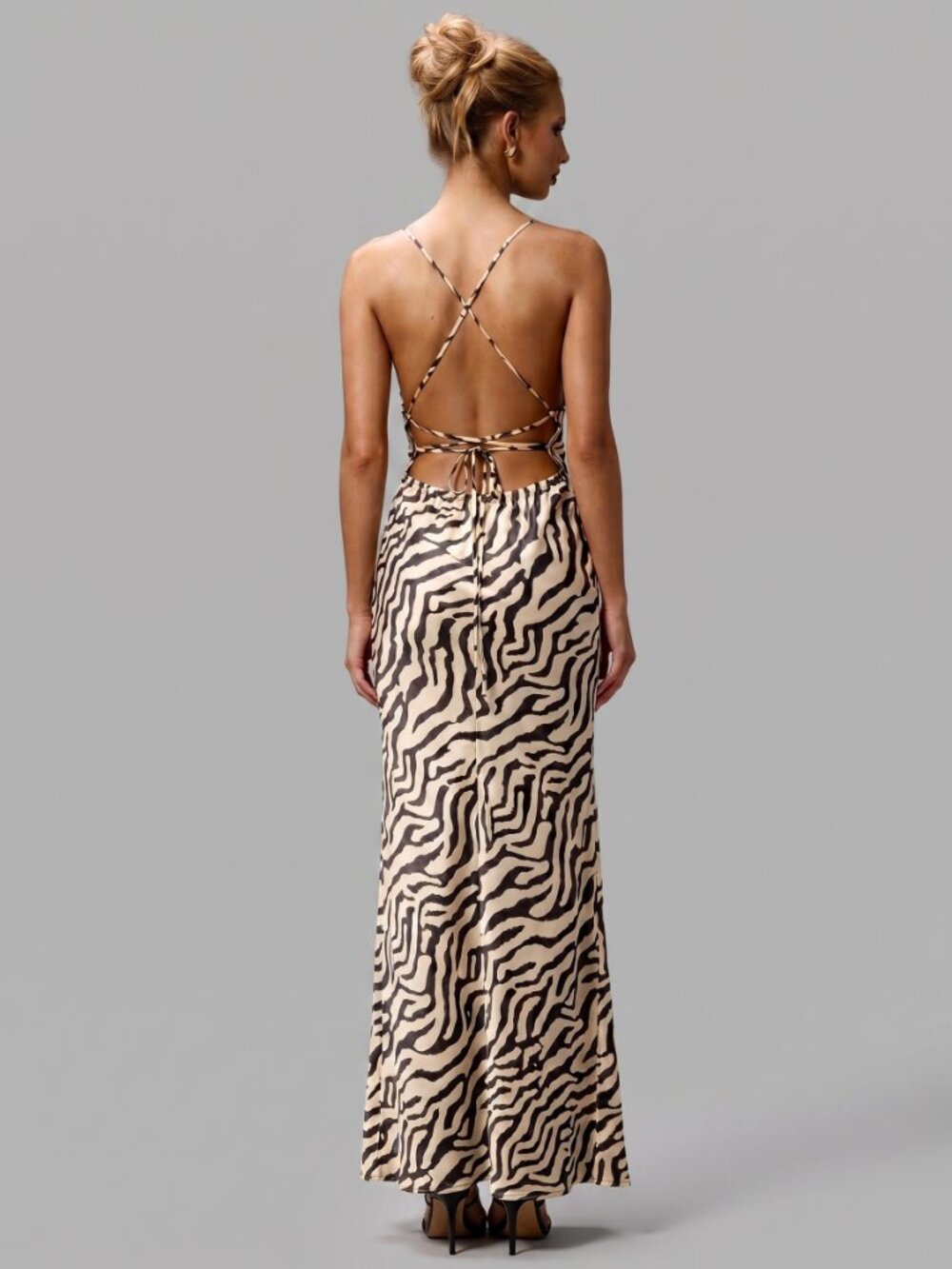 Women's Zebra Print Satin Maxi Dress Backless Strappy Evening Party Gown - Picture 2 of 7